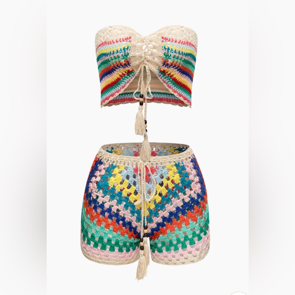 Rainbow Crochet Tie Front Tube Top And Shorts Set